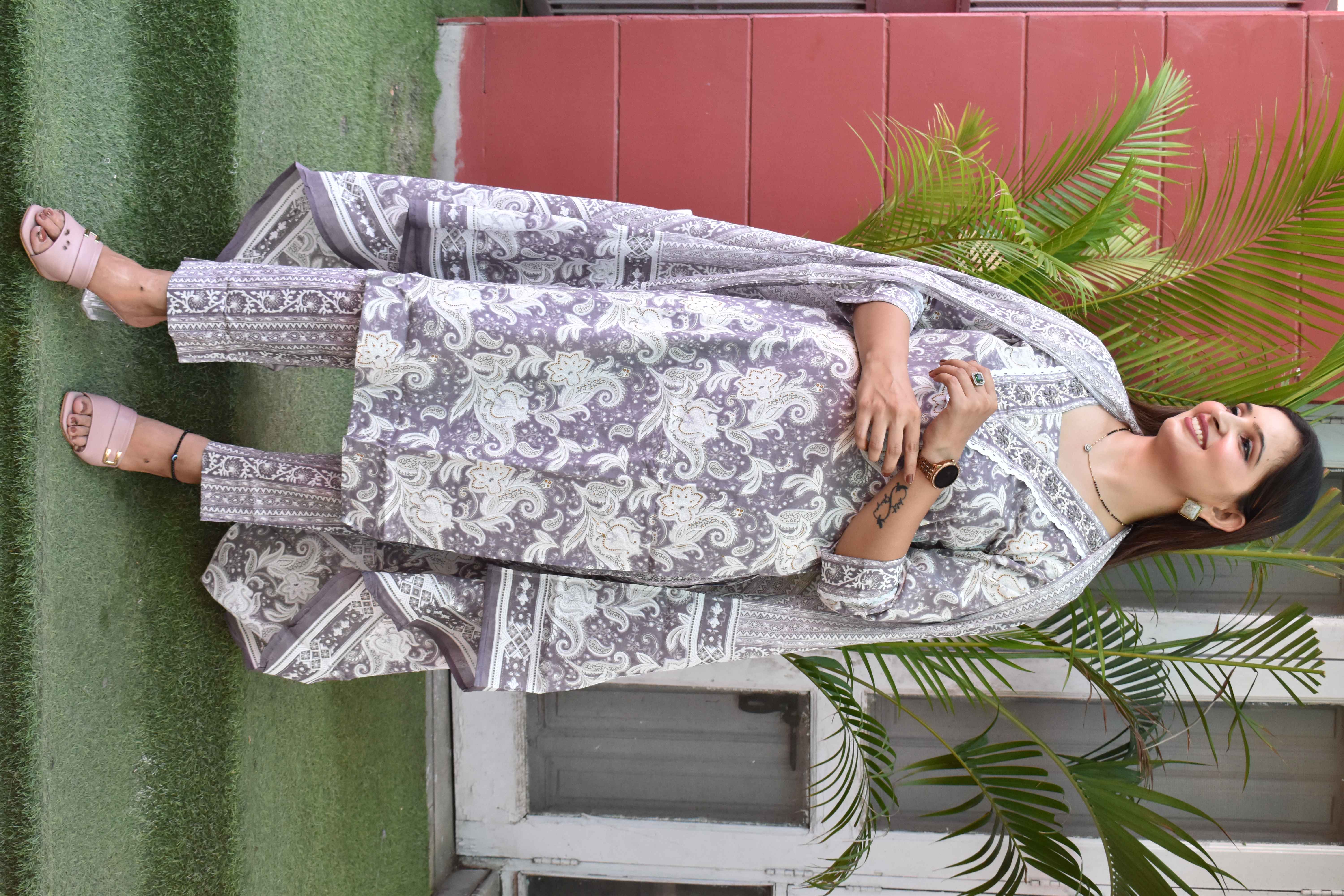  Cotton blend suit with beautiful laced neckline